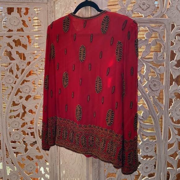 Glamorous red silk  embellished Silk women’s vintage jacket-Medium - Picture 12 of 16